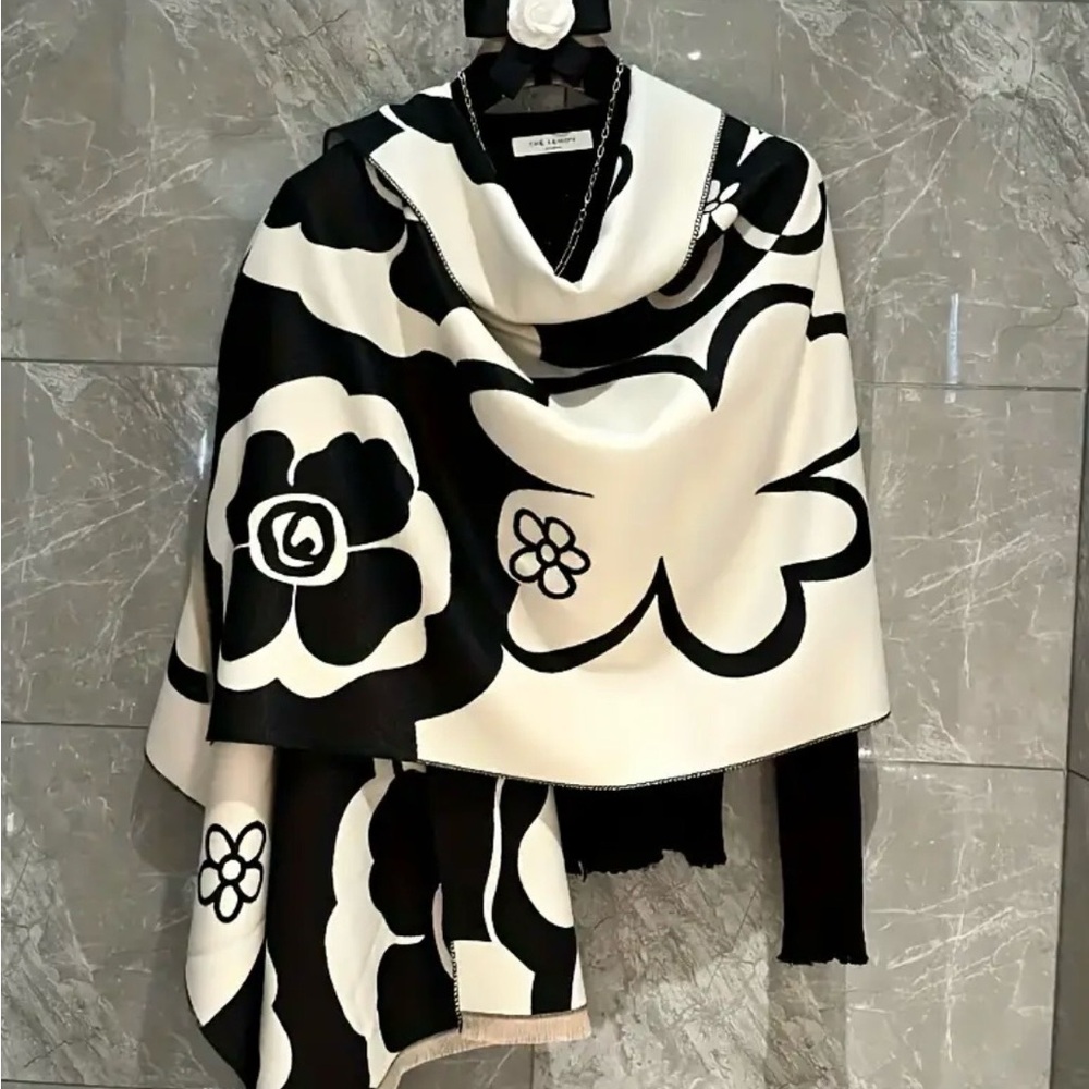 Black & White Floral Wrap Scarf